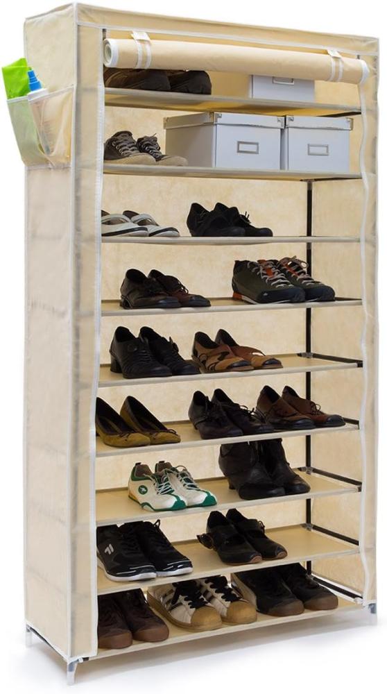 Relaxdays Schuhschrank VALENTIN hoch H x B x T: 161 x 88 x 30 cm Schuhregal mit Stoffbezug und 10 Ablagen Stoffschrank mit Reißverschluss für staubfreie Lagerung Schuhständer für 45 Paar Schuhe, beige Bild 1