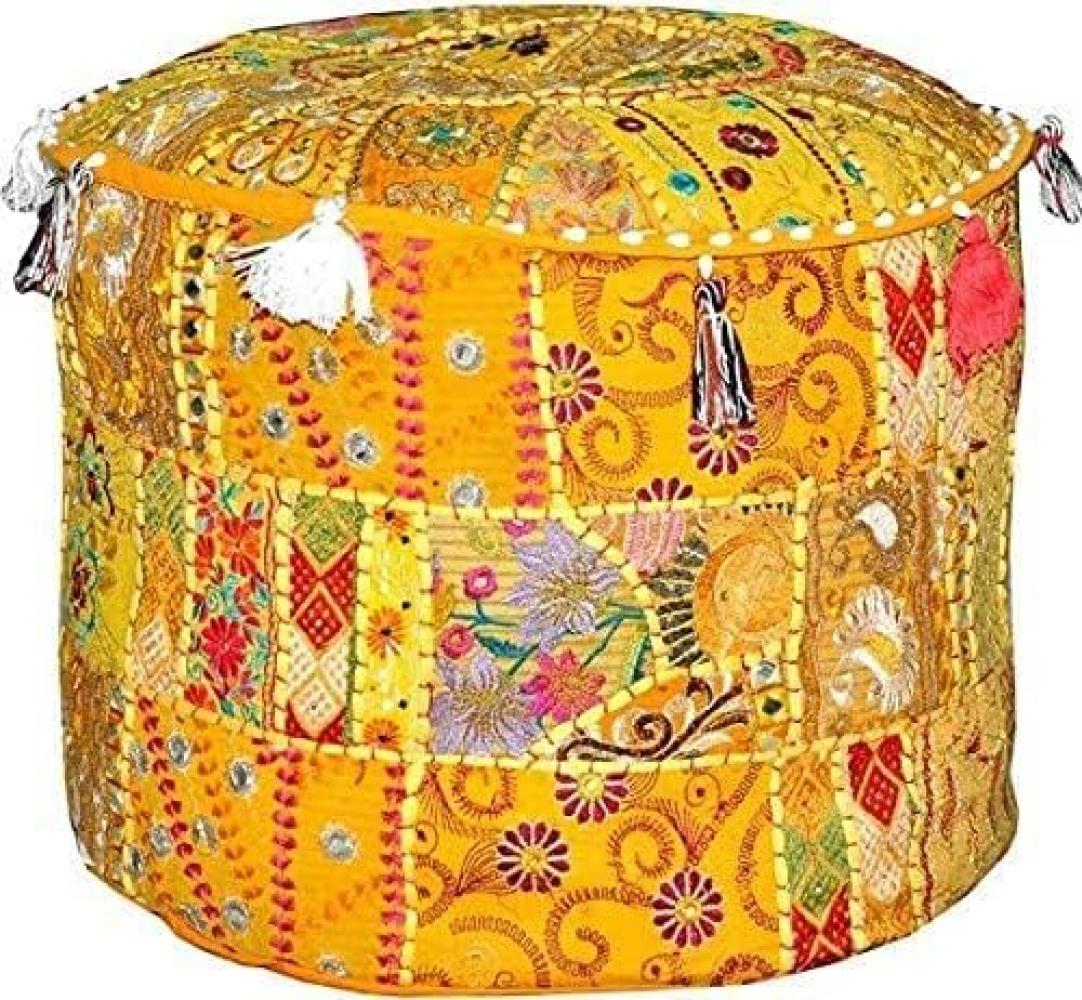 Aakriti Indian Pouf Fußhocker mit Stickerei Pouf, indische Baumwolle, Pouffe osmanischen Pouf Cover mit ethnischem Dekor Kunst - Cover (Yellow, 46x33 cms) Bild 1