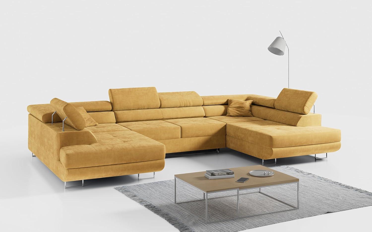 Ecksofa, Wohnzimmer U Couch, Polstersofa mit Bettkasten - GUSTAW-U - Gelb Velours Bild 1