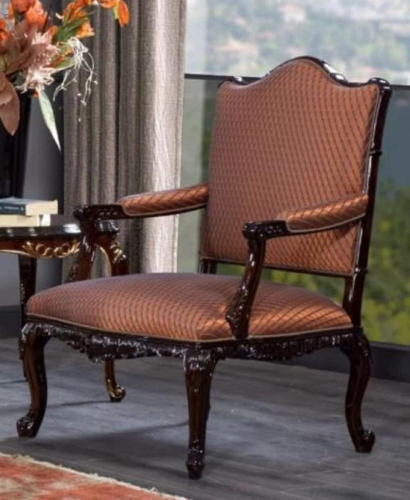 Casa Padrino Luxus Barock Sessel Orange / Dunkelbraun - Prunkvoller Wohnzimmer Sessel - Barockstil Wohnzimmer Möbel - Luxus Möbel im Barockstil - Barock Einrichtung - Edel & Prunkvoll Bild 1