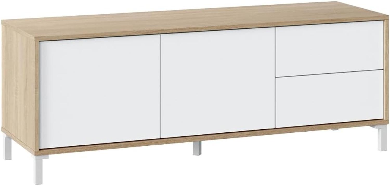 Wohnzimmer-TV-Ständer bestehend aus einem Modul mit zwei Türen und zwei Schubladen, Eiche und weiße Farbe, 130 x 47 x 41 cm Bild 1