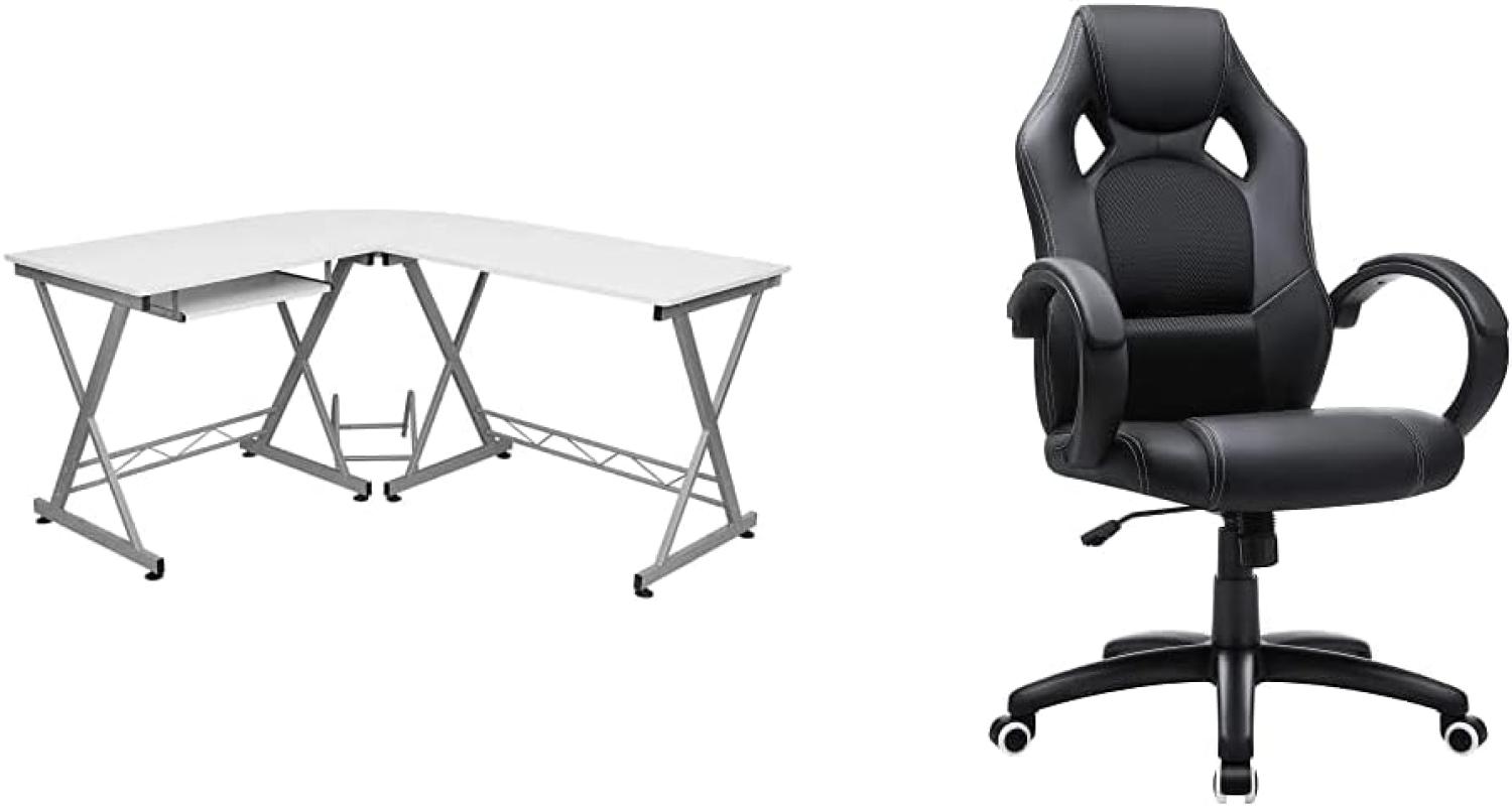SONGMICS Computertisch, Schreibtisch, für das Home Office, 150 x 138 x 75 cm, weiß LCD402W & Racing Stuhl Bürostuhl Gaming Stuhl Chefsessel Drehstuhl PU, schwarz, OBG56B Bild 1