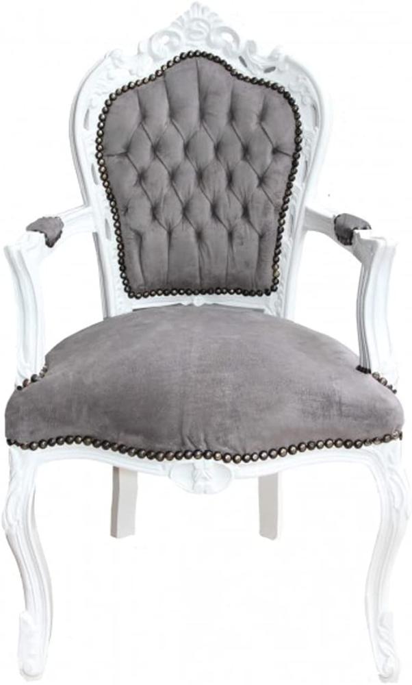 Casa Padrino Barock Esszimmer Stuhl mit Armlehnen Grau / Weiß Bild 1