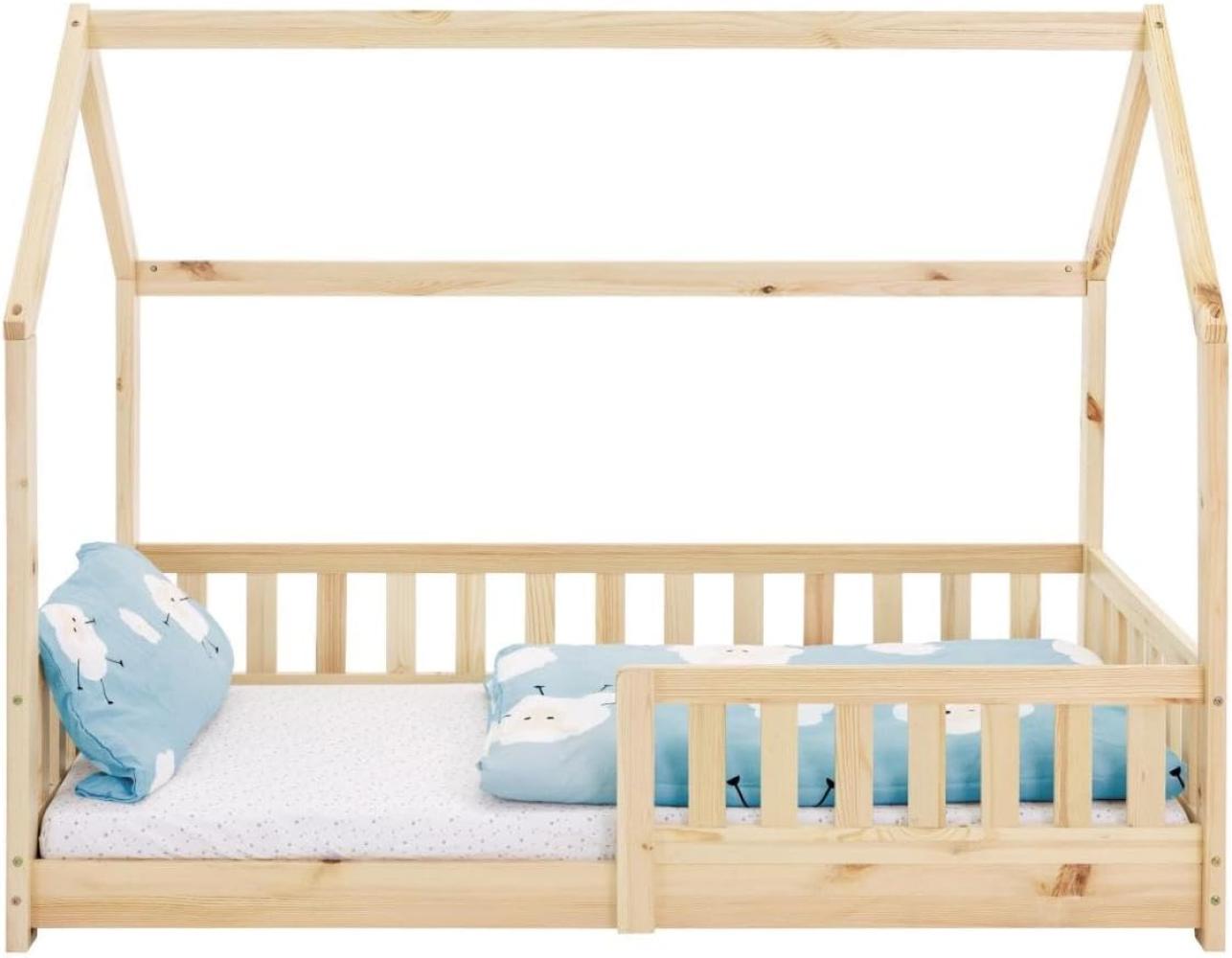 Kinderbett mit Rausfallschutz Lattenrost und Dach 80x160 cm Natur aus Kiefernholz ML-Design Bild 1