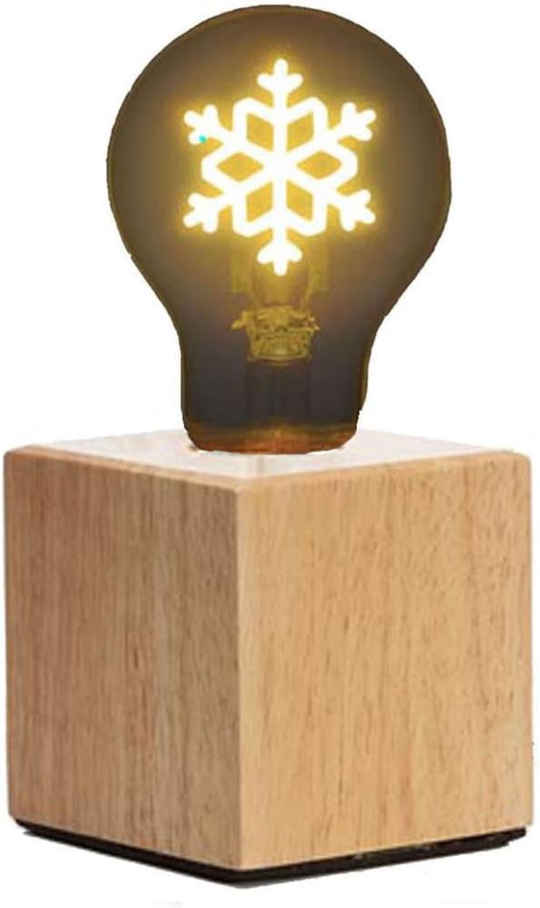 Tischlampe Würfel Holz Eiche 9x9cm mit Deko LED Glühbirne Schneeflocke Bild 1