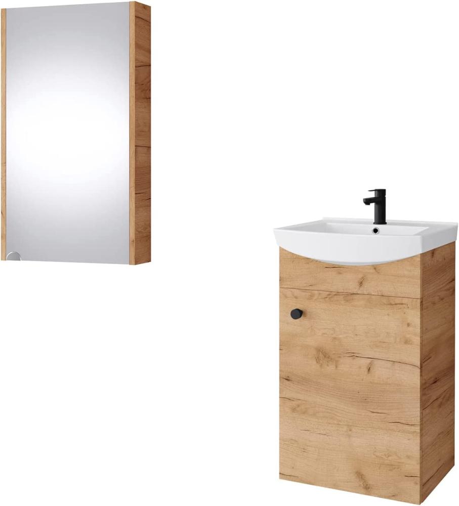 Planetmöbel Badmöbel Set aus Waschtisch + Waschbecken + Spiegelschrank, Gäste Bad WC, Farbe Gold Eiche Bild 1
