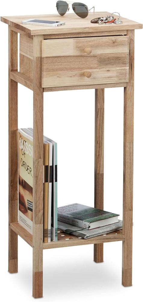 Relaxdays Beistelltisch Walnuss mit Schublade, 2 Ablagen Telefontisch, hoher Holztisch HxBxT: 80 x 35 x30 cm, natur Bild 1