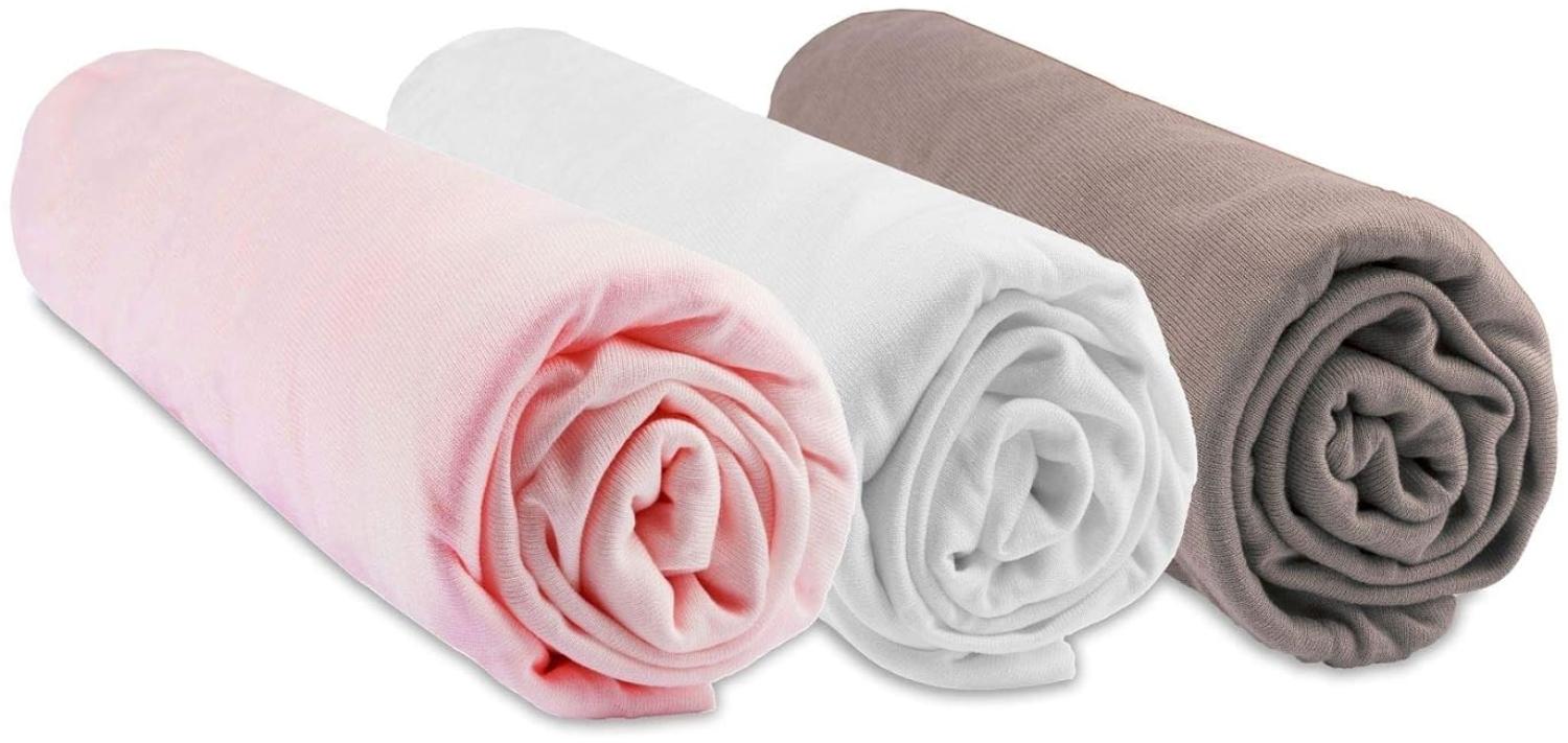 3 Spannbetttücher Bambus – 60 x 120 – Rosa Weiß Taupe Bild 1