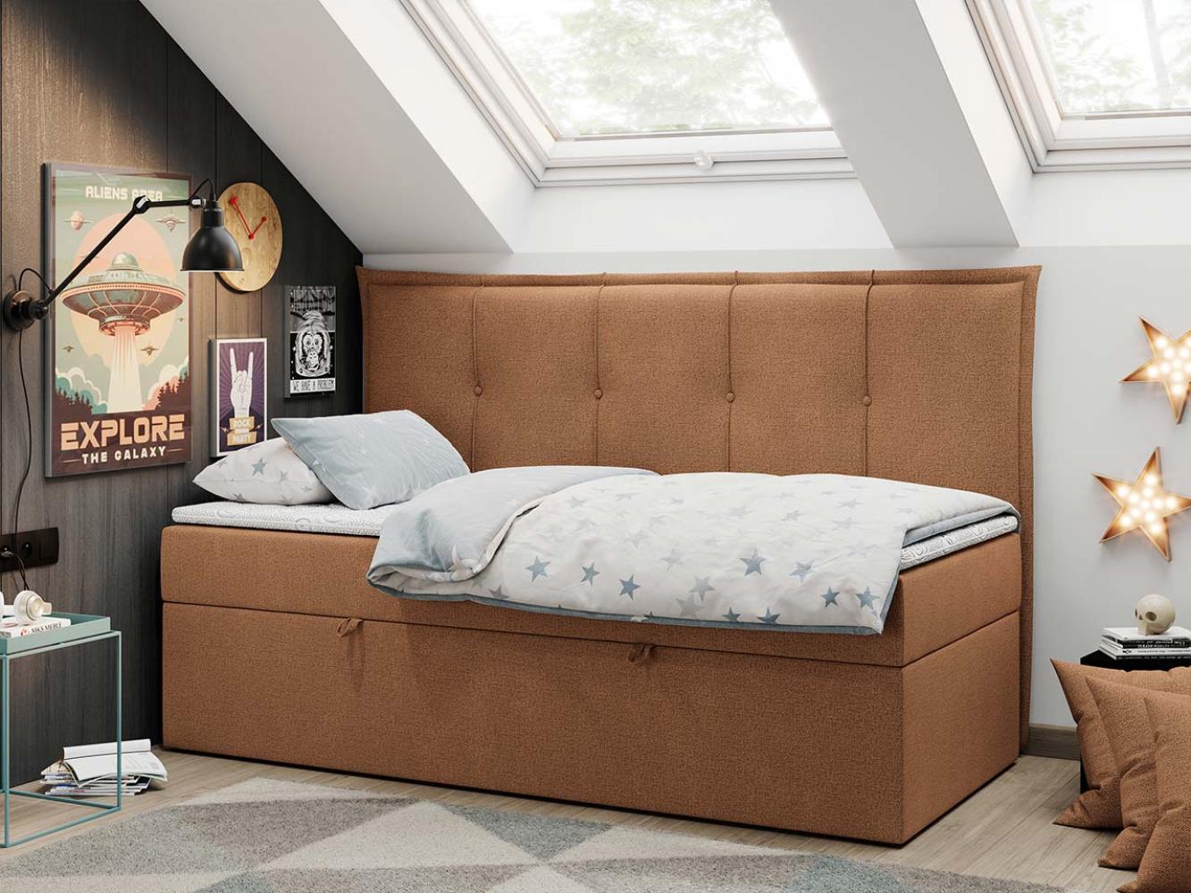 Kinderbett BANCO, Boxspringbetten für Kinderzimmer, Jugendbett, Einzelbett mit Matratze - Orange Stoff - Topper Visco Bild 1