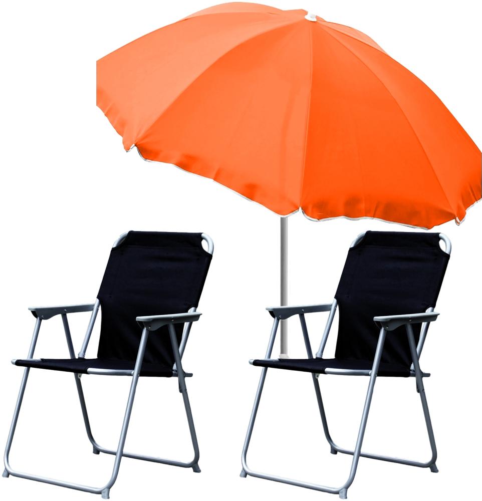 2x Campingstuhl Klappstuhl Schwarz + Sonnenschirm Ø180cm Orange Bild 1