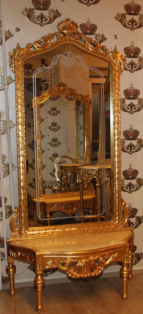 Casa Padrino Barock Spiegelkonsole - Garderobenkonsole Gold mit Marmorplatte und mit schönen Barock Verzierungen auf dem Spiegelglas Mod6 - Antik Look Bild 1