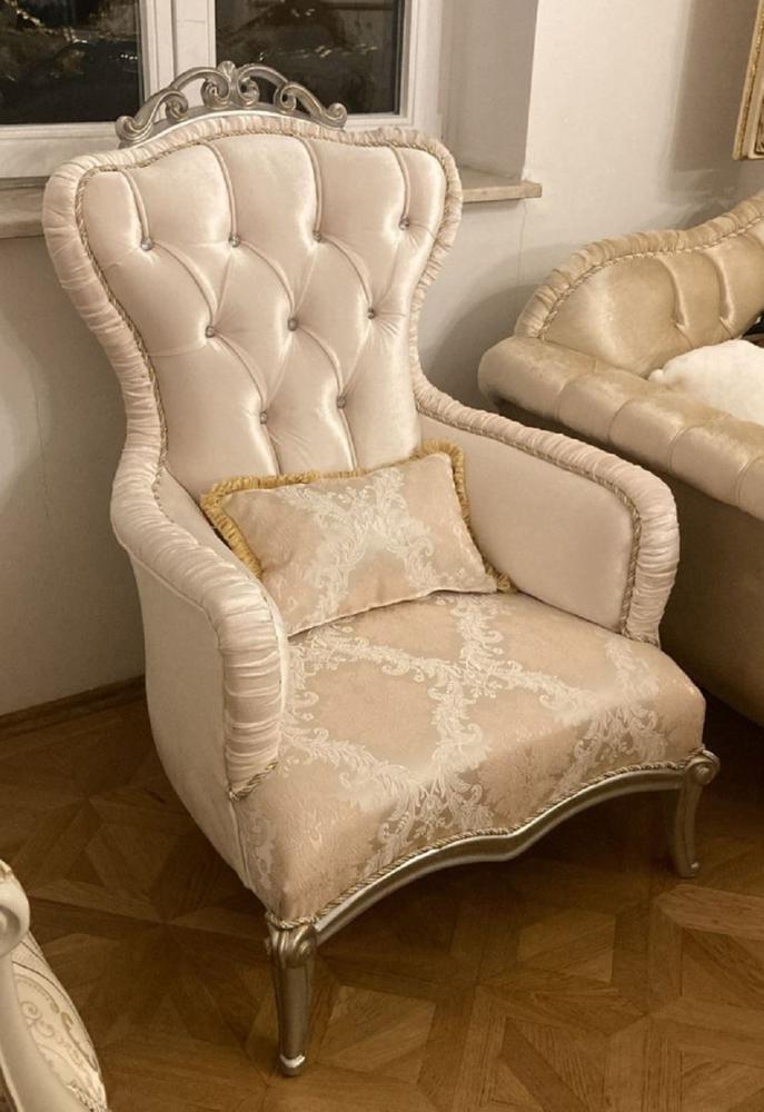 Casa Padrino Luxus Barock Sessel Rosa / Silber - Prunkvoller Wohnzimmer Sessel mit Glitzersteinen - Luxus Wohnzimmer Möbel im Barockstil - Barock Möbel - Barock Einrichtung - Edel & Prunkvoll Bild 1