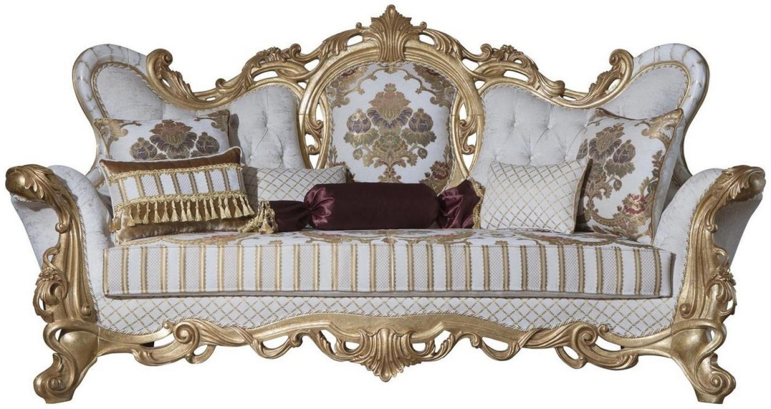 Casa Padrino Luxus Barock Sofa Weiß / Gold 248 x 108 x H. 122 cm - Wohnzimmer Sofa mit elegantem Muster und dekorativen Kissen - Prunkvolle Barock Möbel Bild 1