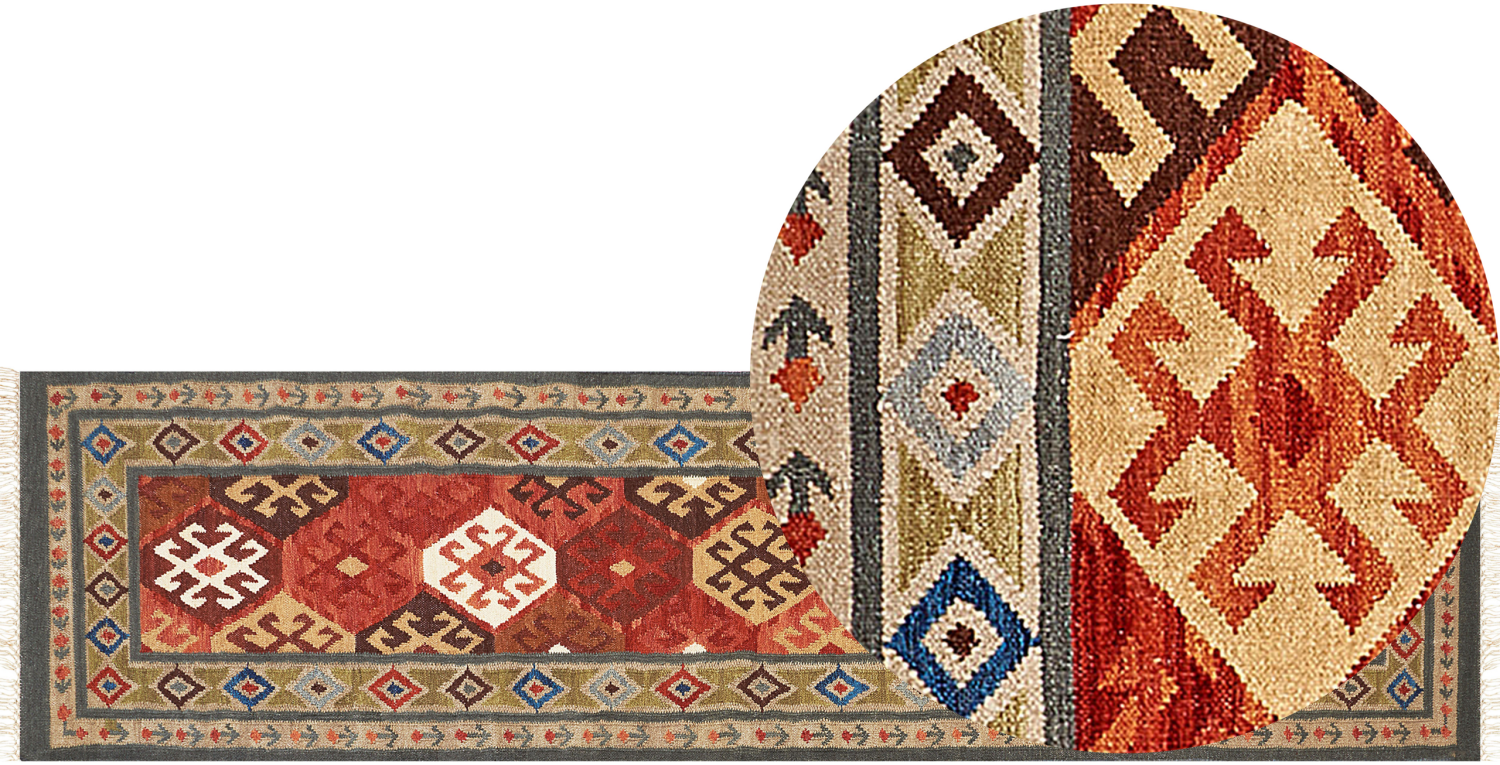 Kelim Teppich Wolle mehrfarbig 80 x 300 cm orientalisches Muster Kurzflor URTSADZOR Bild 1