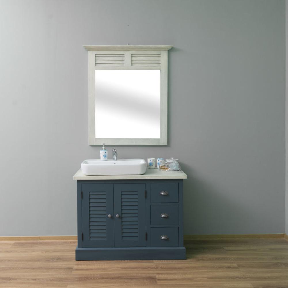 Blauer Waschtisch mit Lamellentüren, inkl. Aufsatzbecken und Spiegel Bild 1