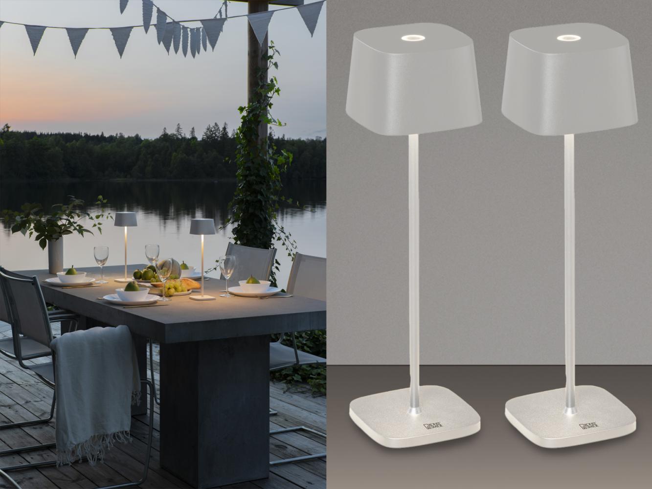 2er Set Wiederaufladbare LED Outdoor Tischleuchten dimmbar in Weiß, Höhe 36cm Bild 1