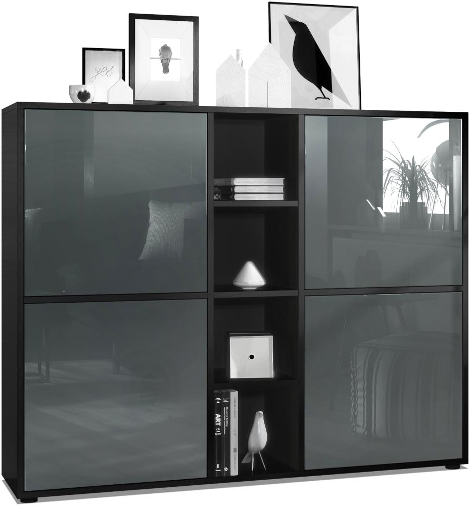 Vladon Highboard Cuba V3, Schwarz matt/Grau Hochglanz - Moderne Anrichte mit 12 Fächern (130,5 x 105,5 x 35,5 cm) Bild 1