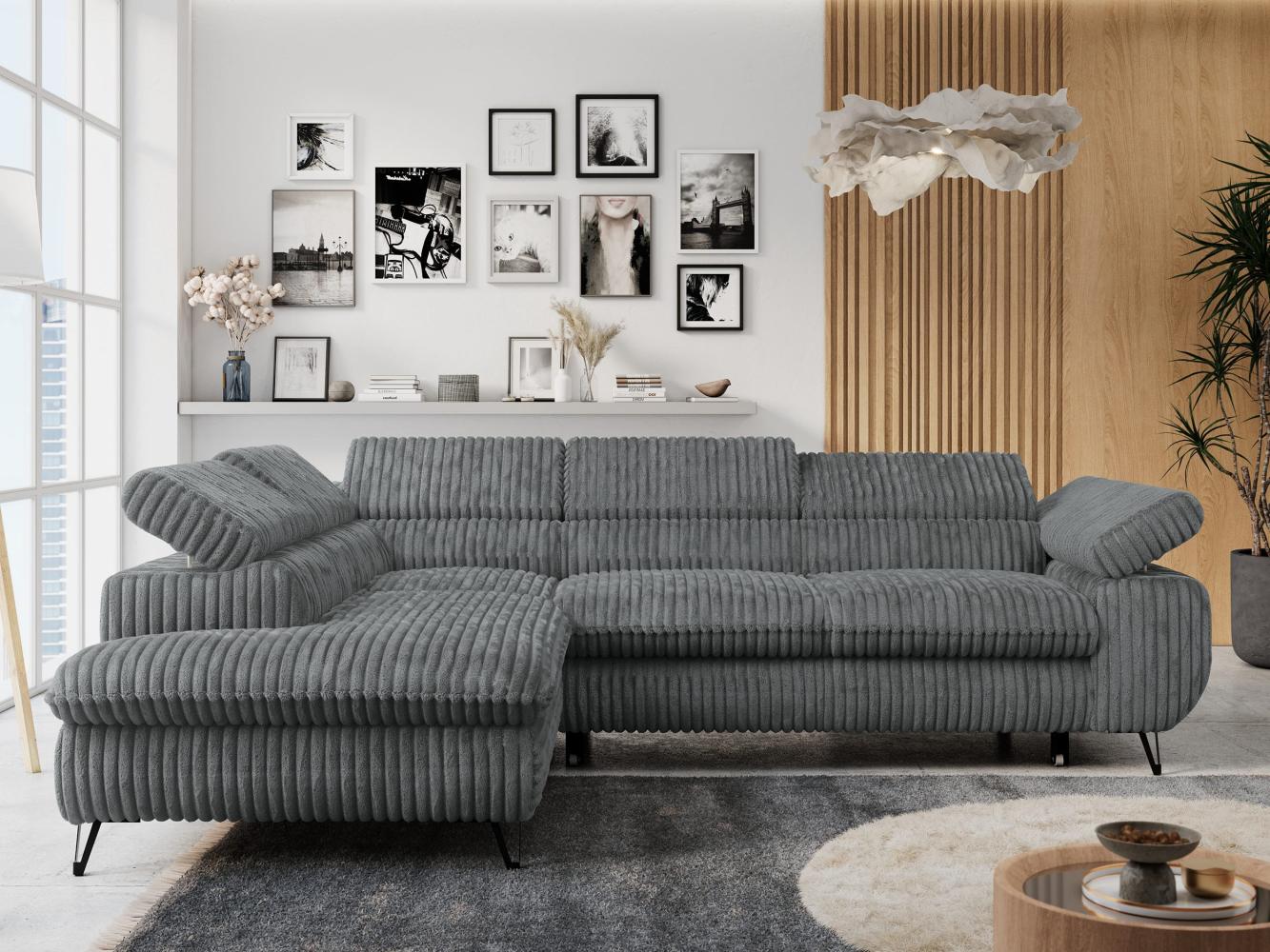 Ecksofa mit Bettfunktion, Modern Sofa, L-form, Einstellbare Kopfstützen, Bettkasten - PETER - Dunkelgrau Cord - links Bild 1