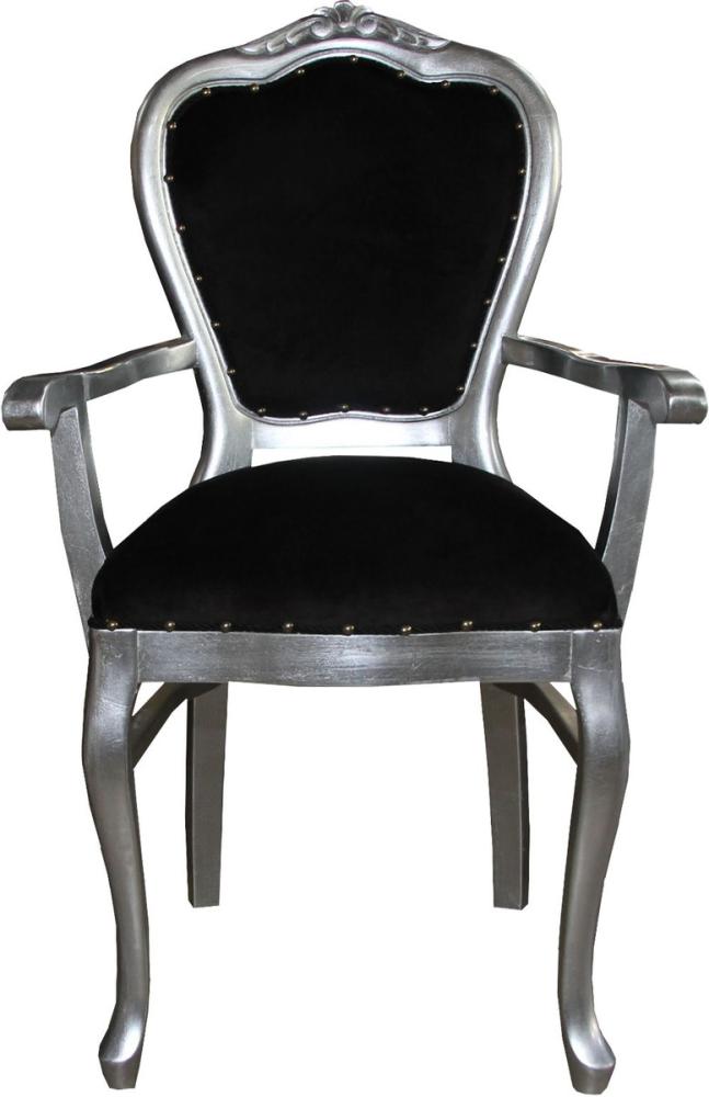 Casa Padrino Barock Luxus Esszimmer Stuhl mit Armlehnen Schwarz / Silber - Möbel - Limited Edition Bild 1
