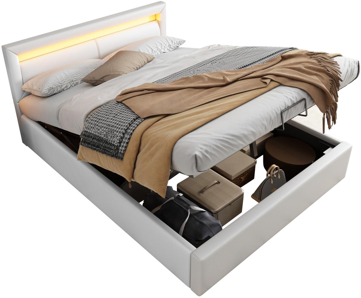 Merax LED Doppelbett 140x200 Polsterbett aus Kunstleder mit Lattenrost & Hydraulische Stauraum Weiß Bild 1