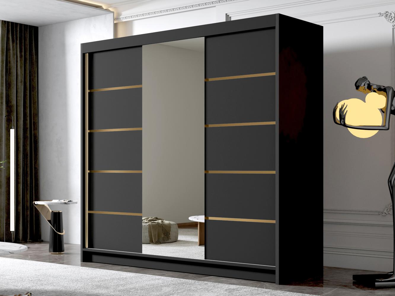 Kleiderschrank mit Goldverzierung Edrulaz VI mit drei Schwebetüren, Spiegel (Farbe: Schwarz) Bild 1