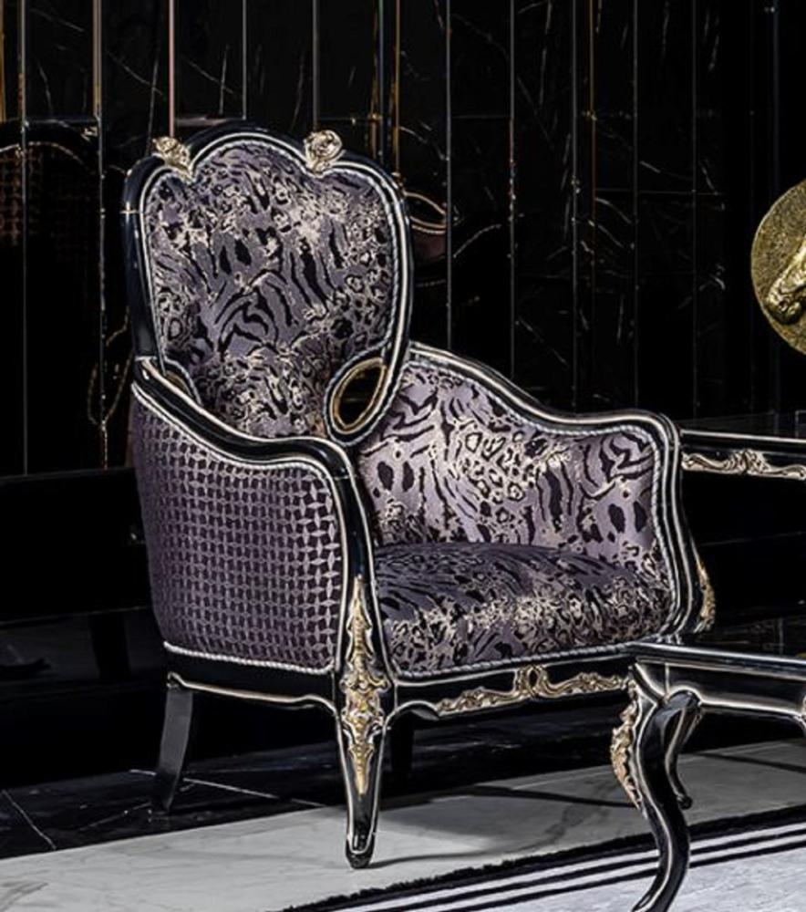 Casa Padrino Luxus Barock Wohnzimmer Sessel Lila / Schwarz / Gold - Handgefertigter Barockstil Sessel mit elegantem Muster - Barock Wohnzimmer Möbel Bild 1