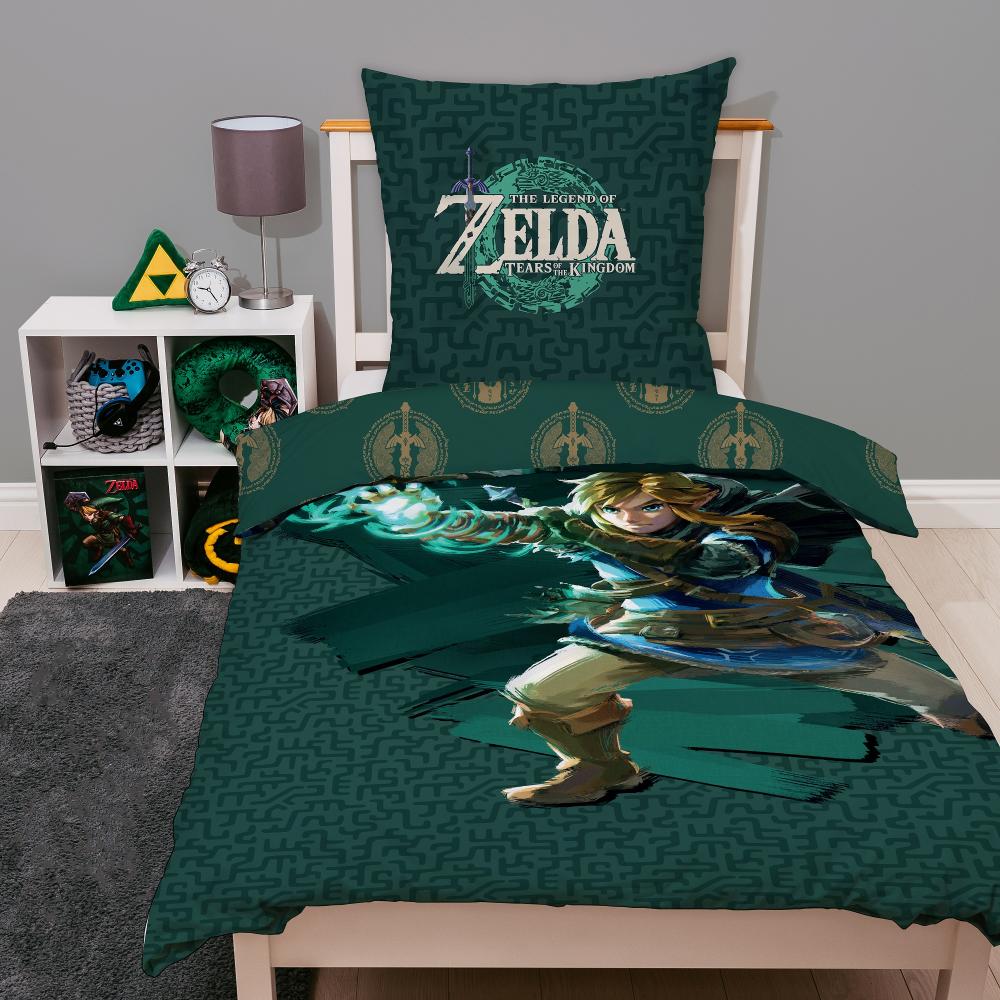 Zelda Bettwäsche Set 135x200 80x80 aus 100% Baumwolle mit Reißverschluss grünes Motiv Tears of the Kingdom Bild 1