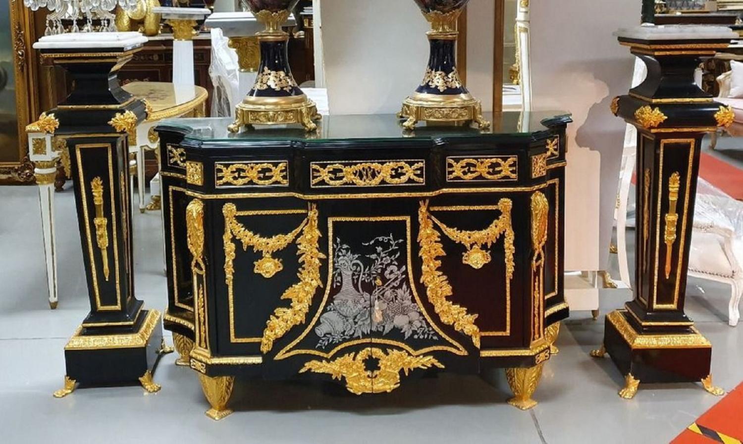 Casa Padrino Luxus Barock Möbel Set Schwarz / Gold - 1 Barock Kommode und 2 Barock Säulen - Prunkvolle Barock Möbel Bild 1