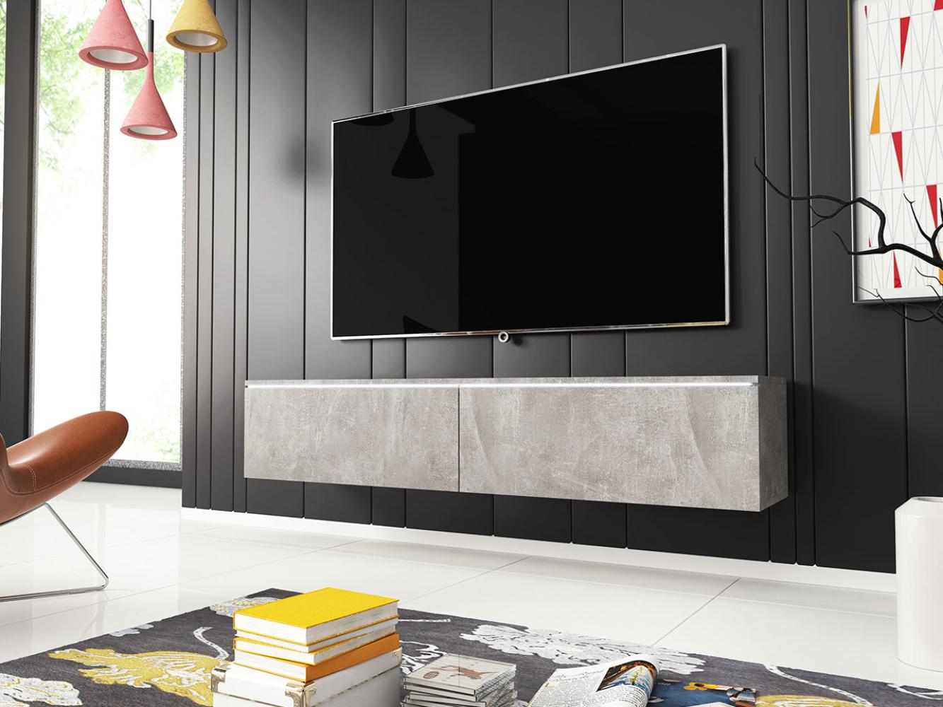 TV-Lowboard Stone 140, mit weißer LED Beleuchtung, Farbe: Beton Bild 1