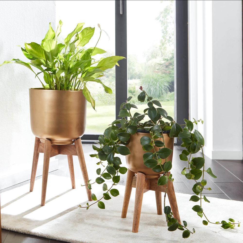 KADIMA DESIGN Alu-und-Holz Pflanzenkübel Set, modern & elegant, gold/braun Pflanzgefäß für stilvolle Inneneinrichtung. Bild 1