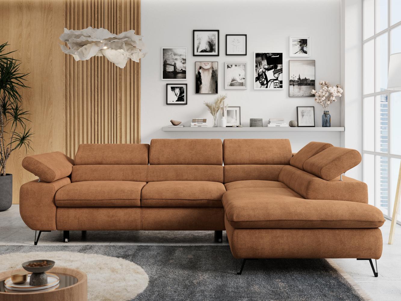 Ecksofa mit Bettfunktion, Modern Sofa, L-form, Einstellbare Kopfstützen, Bettkasten - PETER - Orange Stoff - rechts Bild 1