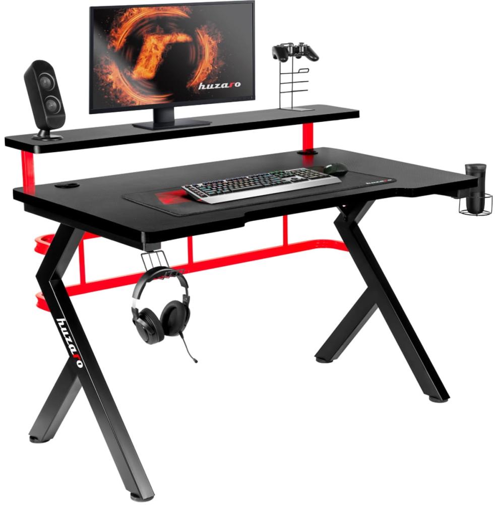 Huzaro 'Hero 5.0' Schreibtisch mit Carbon, Kopfhörerhaken und Getränkehalter, Carbon/Aluminium schwarz/ rot, 69,5 x 59 x 116 cm Bild 1