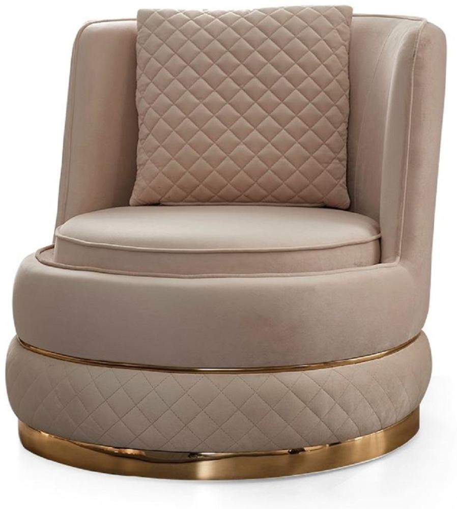 Casa Padrino Luxus Drehsessel Creme / Gold 80 x 85 x H. 81 cm - Wohnzimmer Sessel mit edlem Samtstoff - Wohnzimmer Möbel - Luxus Möbel - Wohnzimmer Einrichtung - Luxus Einrichtung Bild 1