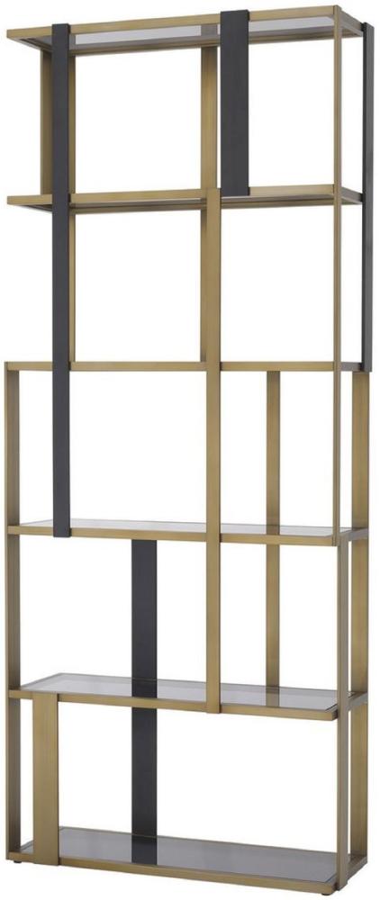 Casa Padrino Luxus Regalschrank Messing / Mattschwarz / Grau 100 x 37 x H. 240,5 cm - Edelstahl Schrank mit 5 Glasregalen - Wohnzimmerschrank - Büroschrank - Luxus Möbel Bild 1