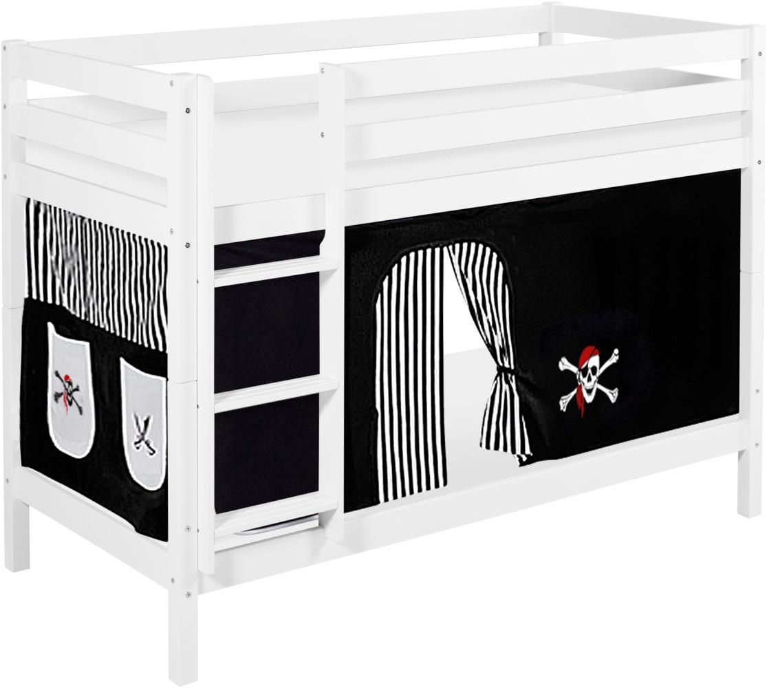 Lilokids 'Jelle' Etagenbett 90 x 190 cm, Pirat Schwarz Weiß, Kiefer massiv, mit Vorhang und Lattenroste Bild 1