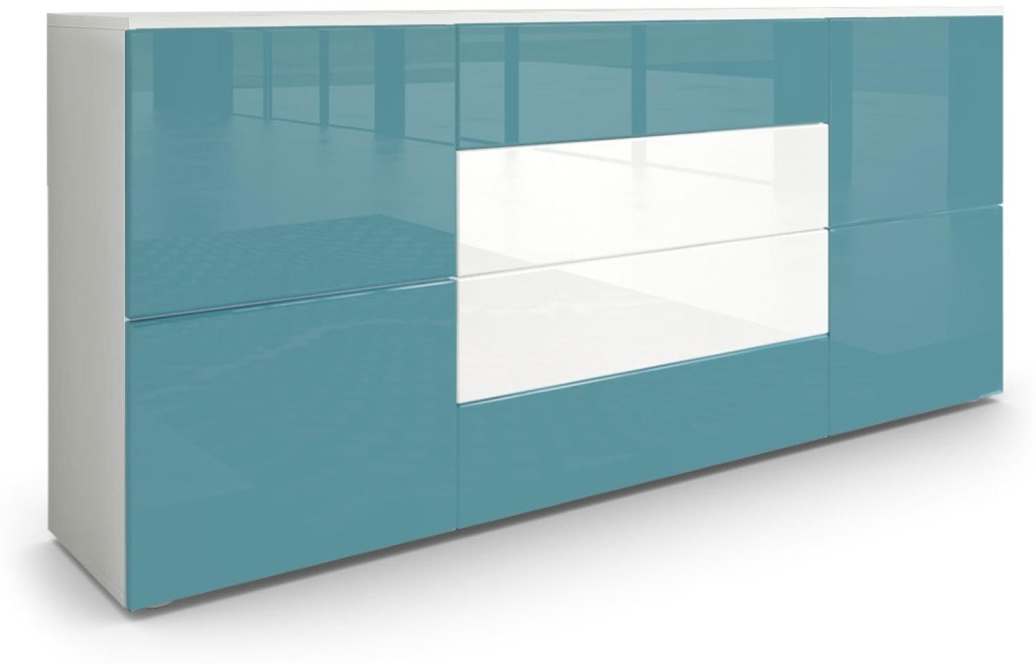 Vladon Sideboard Rova, Kommode mit 4 Türen und 4 Schubladen, Weiß matt/Petrol Hochglanz/Weiß Hochglanz (166 x 72 x 35 cm) Bild 1