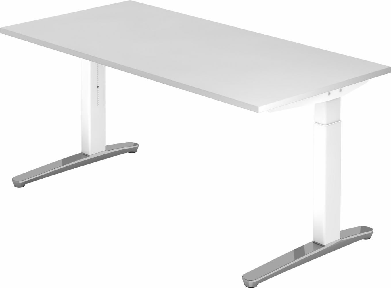 bümö® Design Schreibtisch XB-Serie höhenverstellbar, Tischplatte 160 x 80 cm in weiß, Gestell in weiß/alu poliert Bild 1
