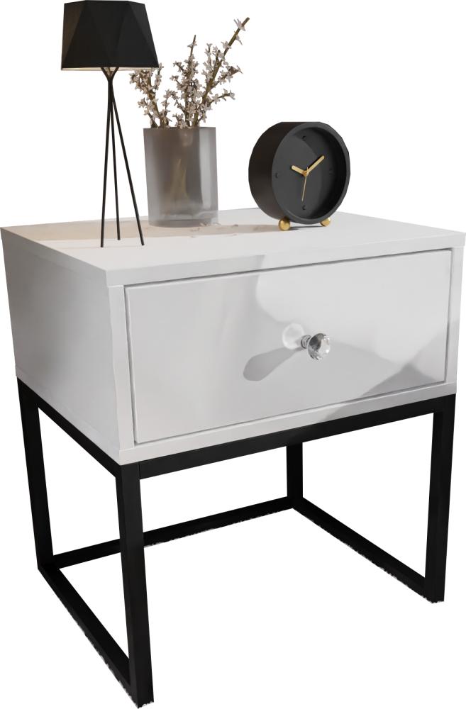 Domando Nachttisch Corvara Modern für Schlafzimmer Breite 45cm, schwarzes Metallgestell, Kristallgriff in Weiß Matt und Weiß Hochglanz Bild 1