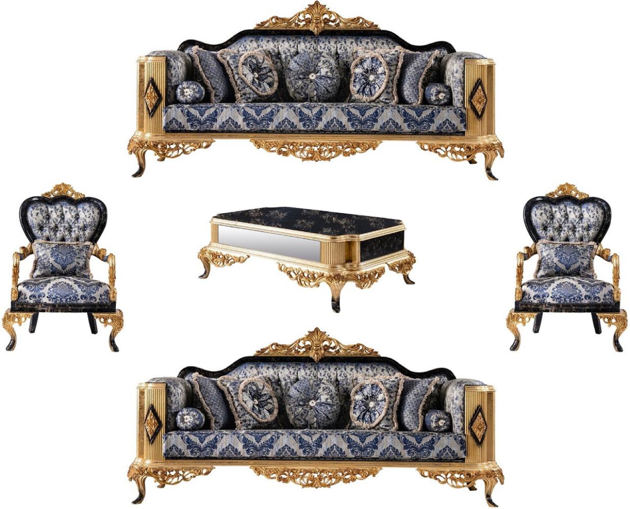 Casa Padrino Luxus Barock Wohnzimmer Set Blau / Schwarz / Gold - 2 Barock Sofas & 2 Barock Sessel & 1 Barock Couchtisch - Luxus Wohnzimmer Möbel im Barockstil - Barock Möbel - Edel & Prunkvoll Bild 1