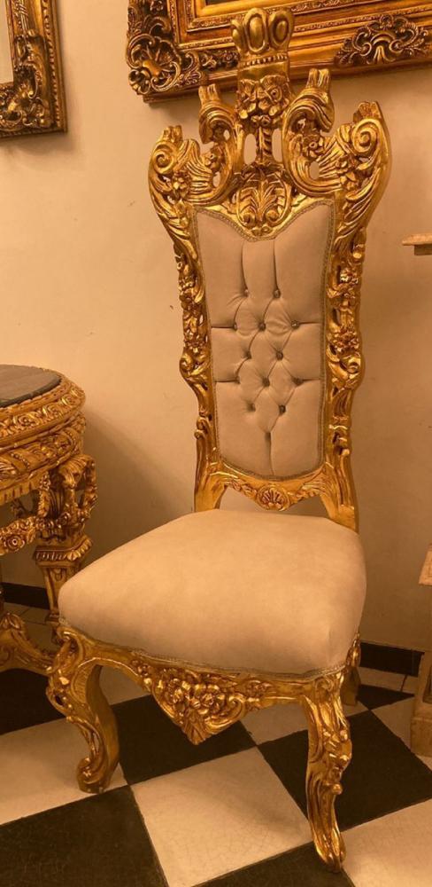 Casa Padrino Barock Thron Stuhl Creme / Gold - Handgefertigter Hochlehn Esszimmer Stuhl mit Samtstoff und Glitzersteinen - Barock Esszimmer Möbel Bild 1