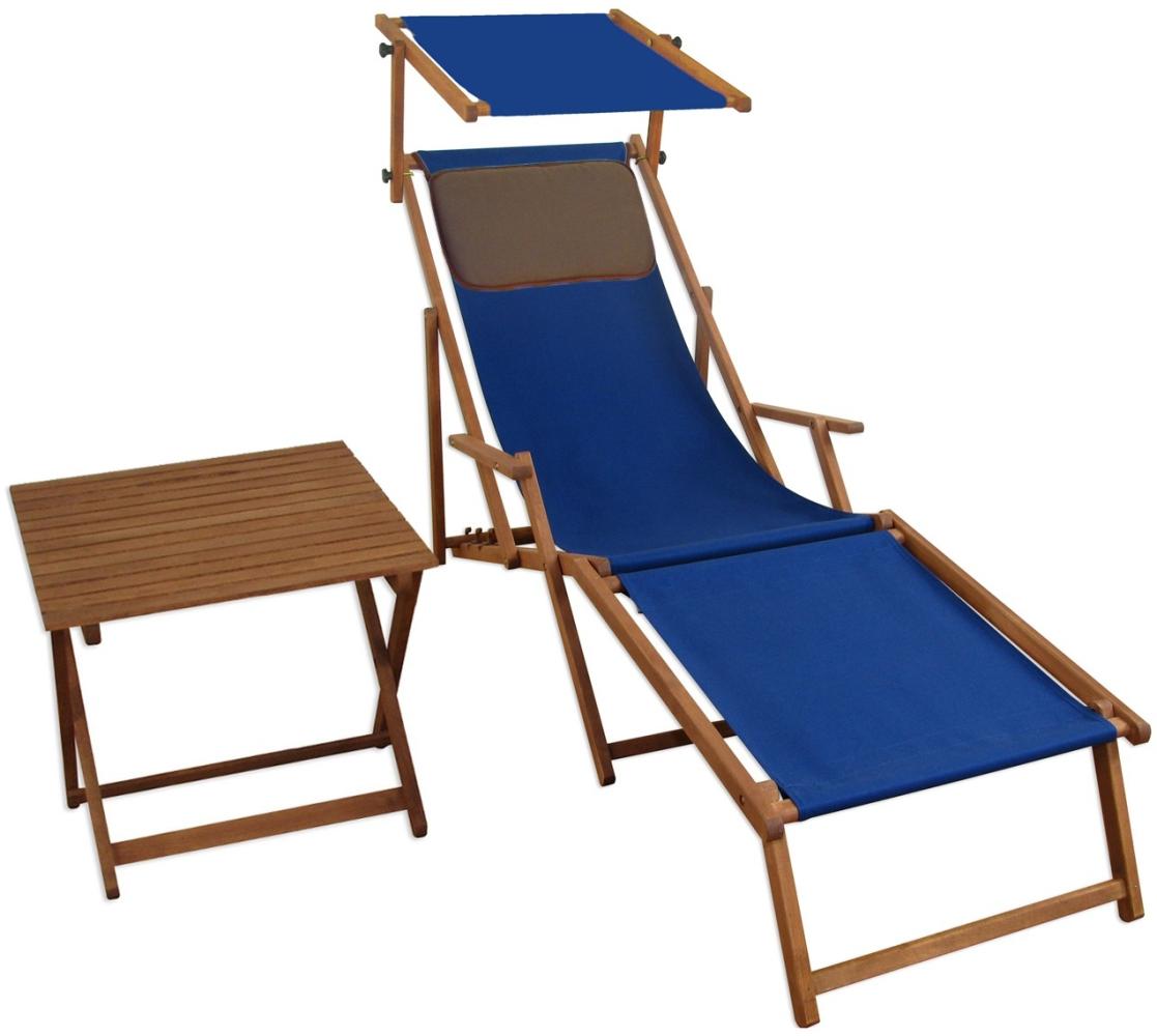 Sonnenliege blau Strandliege Holzliege Buche Fußteil Sonnendach Tisch Kissen 10-307 FST KD Bild 1