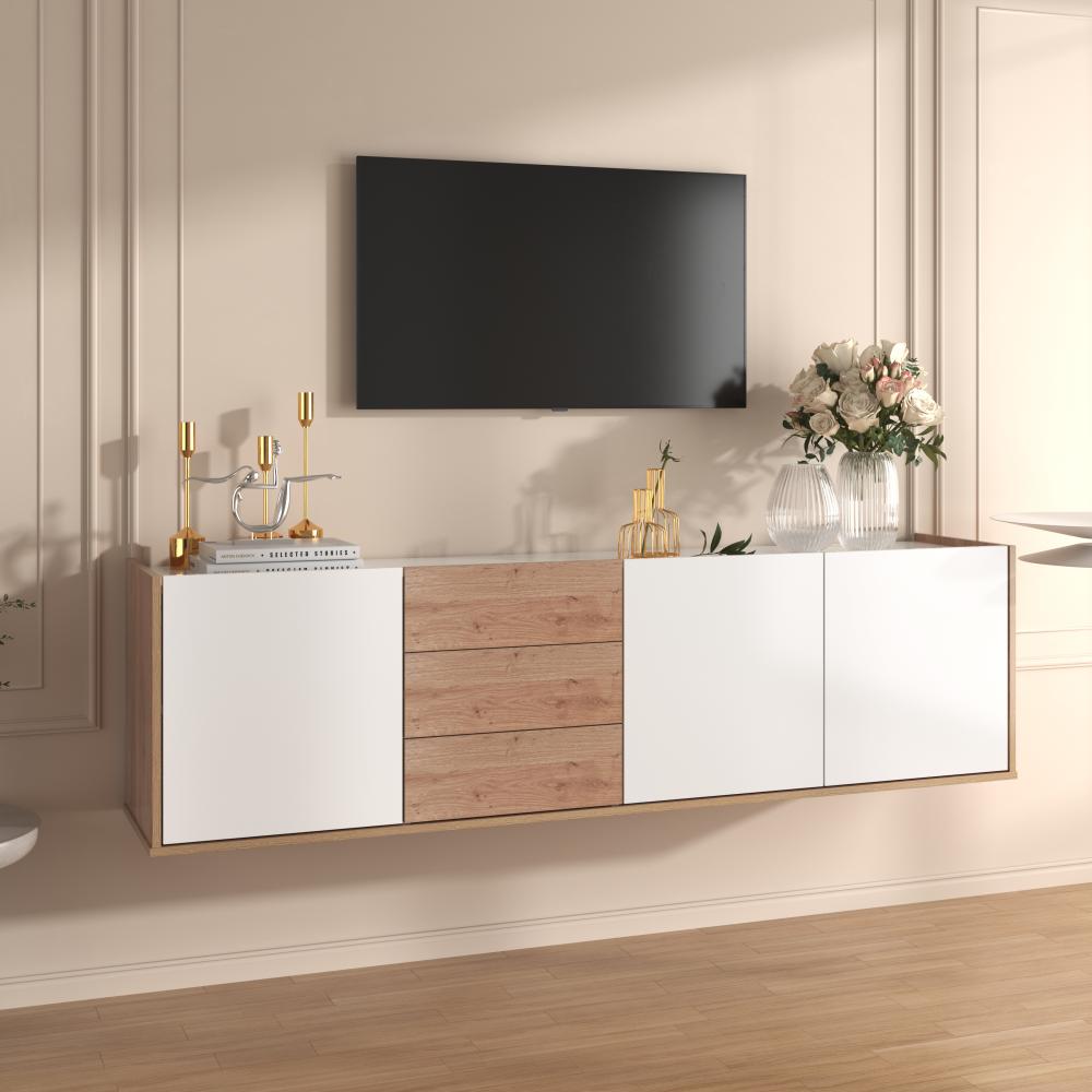 Merax TV-Schrank, niedriges Paneel in Weiß und Holzfarben, TV-Möbel, die an die Wand gehängt oder auf den Boden gestellt werden können Bild 1