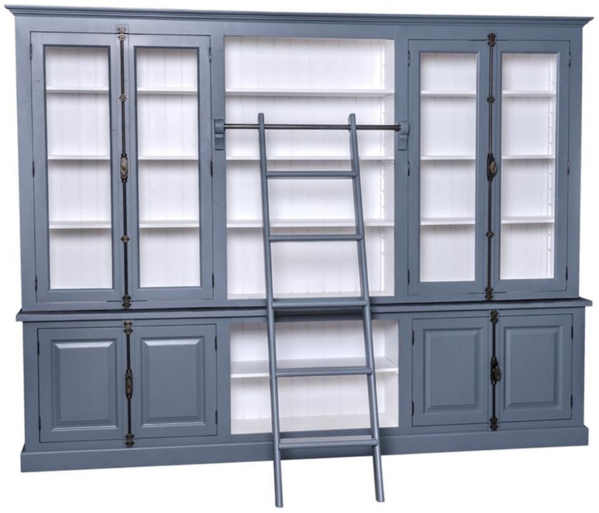 Casa Padrino Landhausstil Bücherschrank mit Leiter Blau / Weiß 300 x 50 x H. 230 cm - Landhausstil Möbel Bild 1