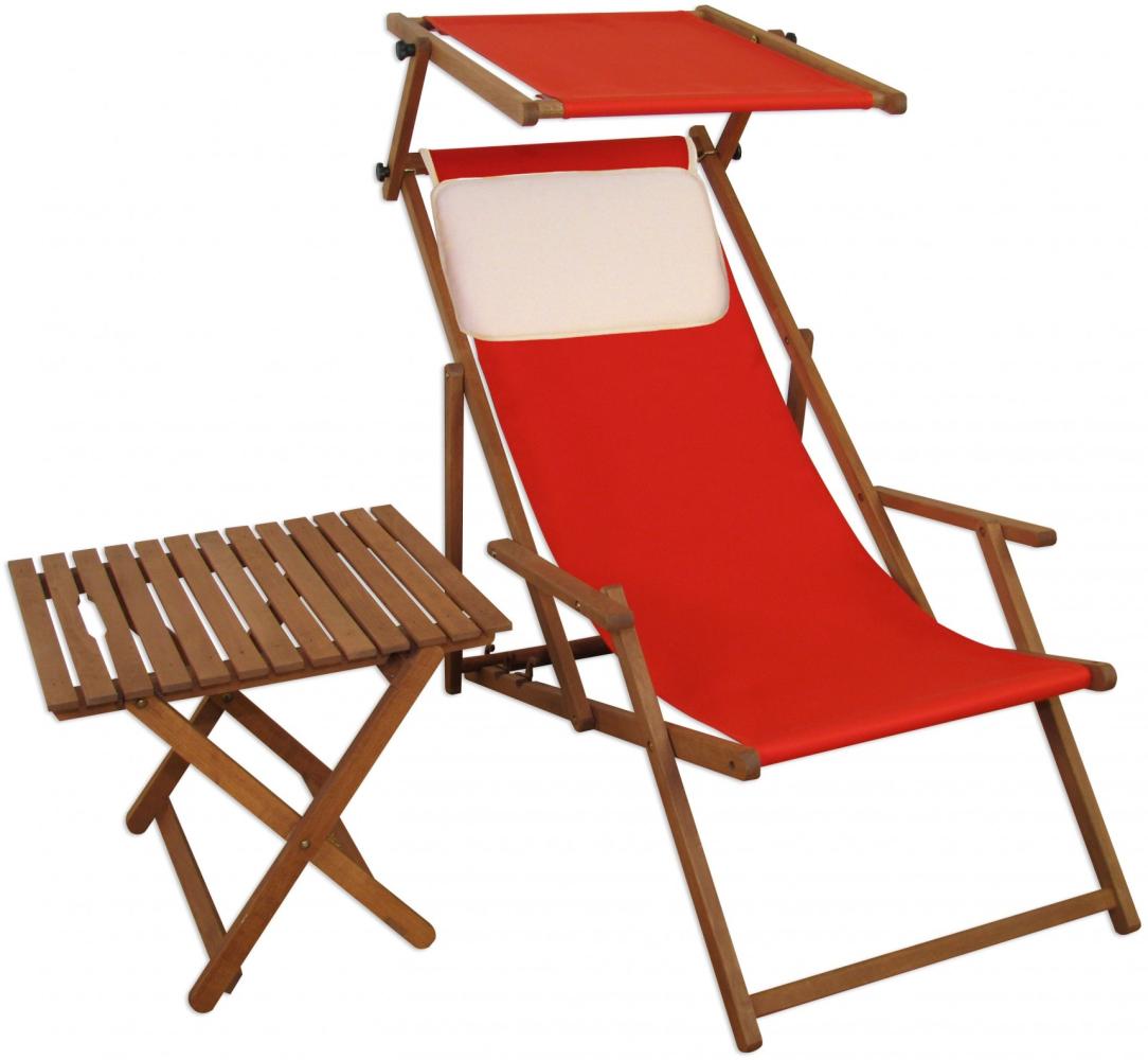 Strandstuhl rot Sonnenliege Gartenliege Buche dunkel Sonnendach Tisch Kissen 10-308 S T KH Bild 1