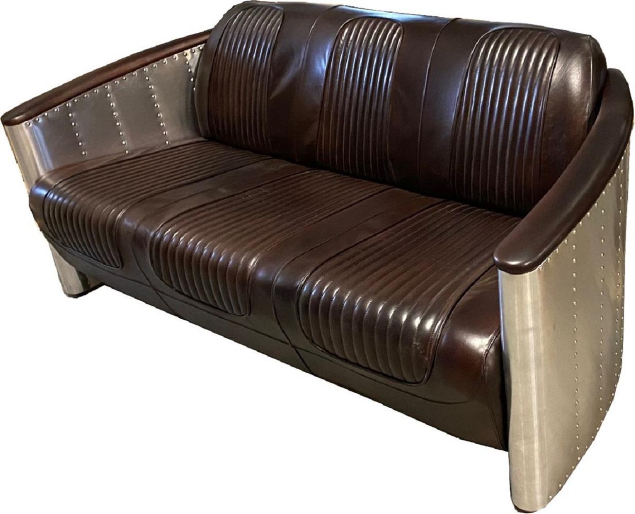 Casa Padrino Luxus Art Deco Leder Sofa 172 x 70 x H. 82 cm - Verschiedene Farben - Aluminium Wohnzimmer Sofa mit Echtleder - Aluminium Flugzeug Flieger Sofa Möbel Bild 1