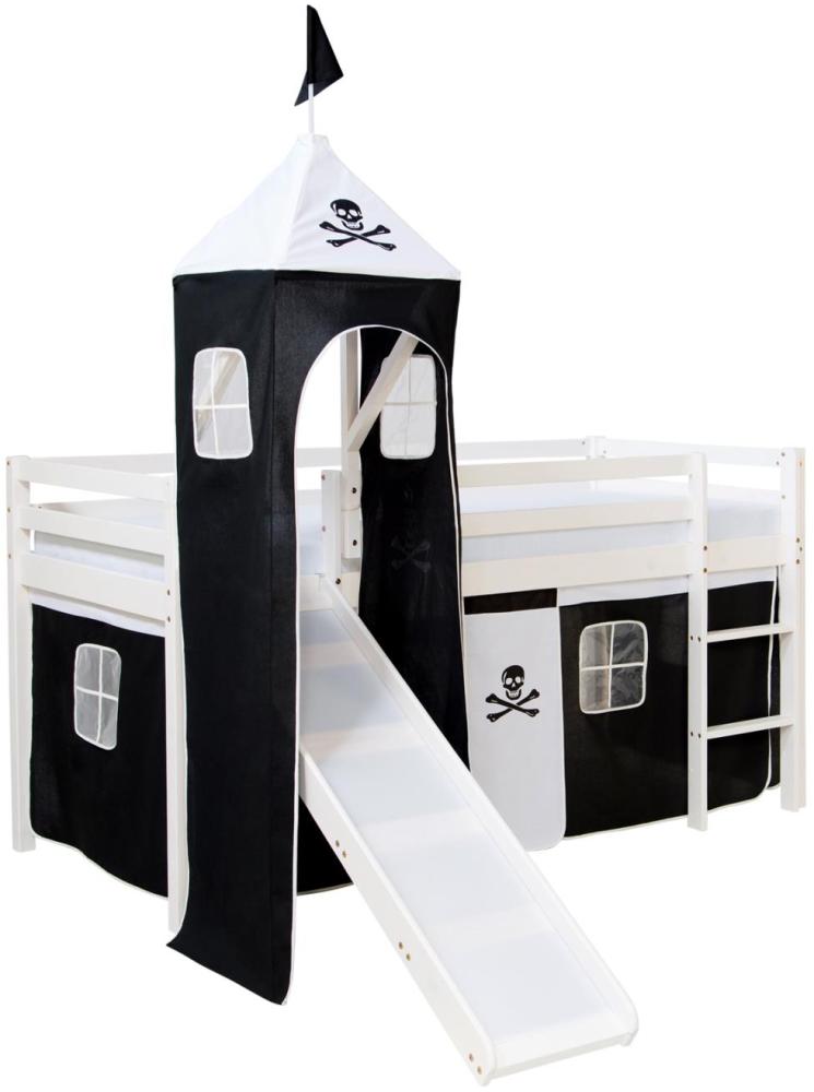 Homestyle4u Spielbett mit Turm und Rutsche, Pirat, Kiefernholz schwarz / weiß, 90 x 200 cm Bild 1