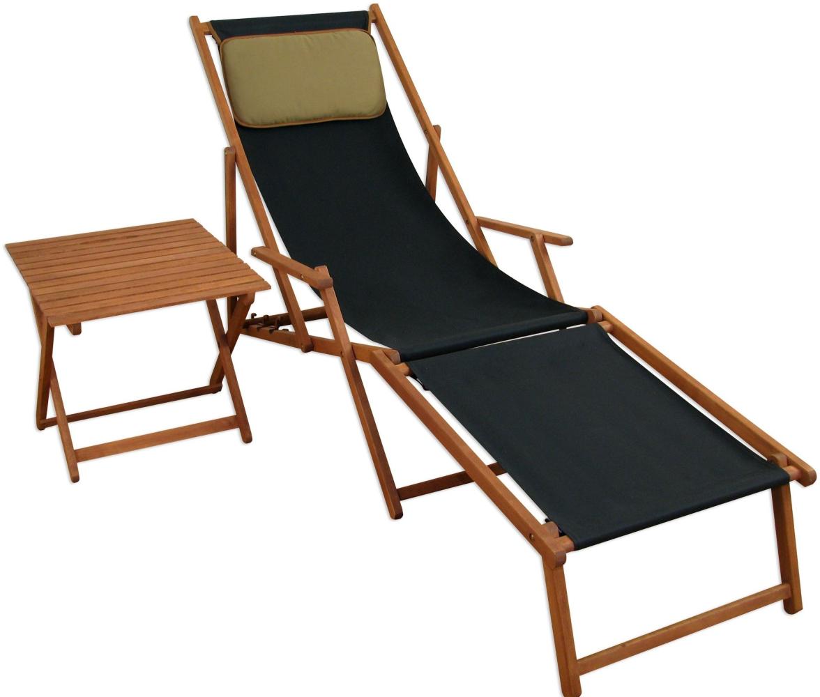 Liegestuhl schwarz Fußablage Tisch Kissen Deckchair Sonnenliege Gartenliege Holz 10-305 F T KD Bild 1