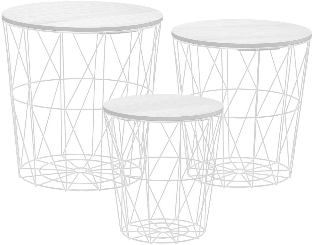 Metall Beistelltisch mit Stauraum weiß - 3er Set - Wohnzimmer Tisch mit Abnehmbarer Holz Platte Metallkorb Sofatisch Couchtisch Bild 1