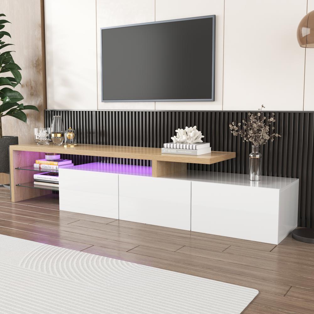 Merax Lowboard, mit Glasablgen und LED-Beleuchtung, Fernsehtisch Hochglanz, TV-Schrank, Weiß Bild 1