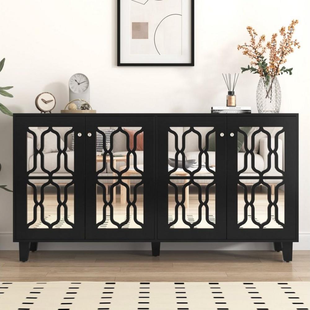 Merax Sideboard mit Spiegelelementen und geometrischem Trellis-Muster, Kommode mit Spiegelfront, Anrichte, B/H/T: 160/84/40cm Bild 1